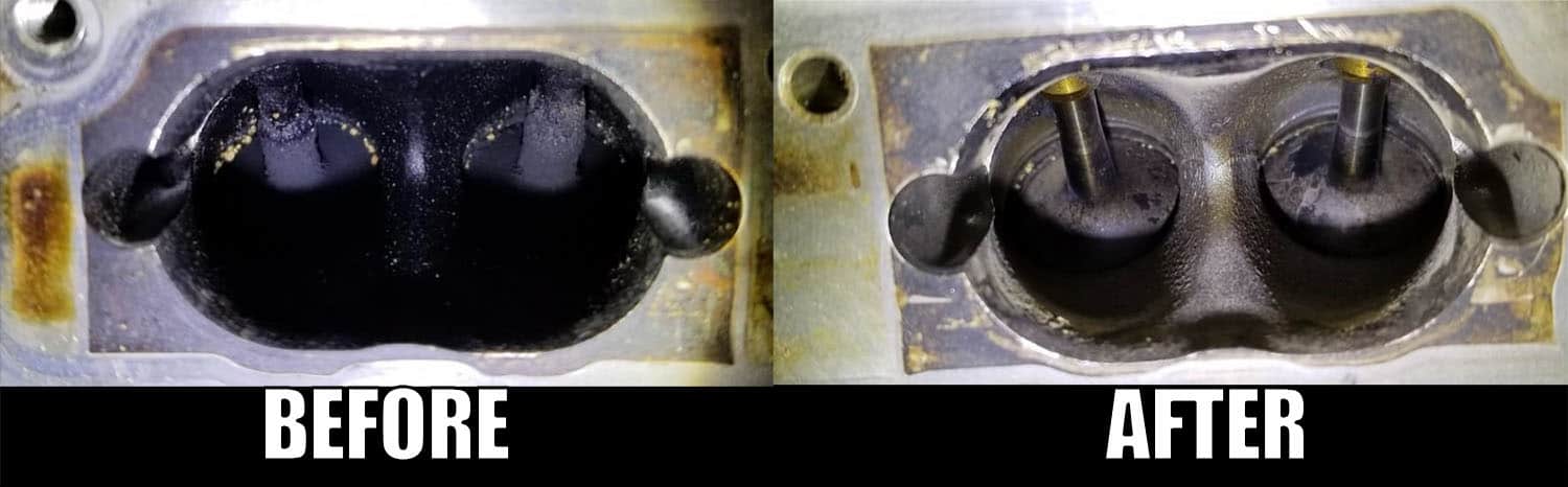 Before and After photo of intake valves after carbonization has been removed using walnut shells